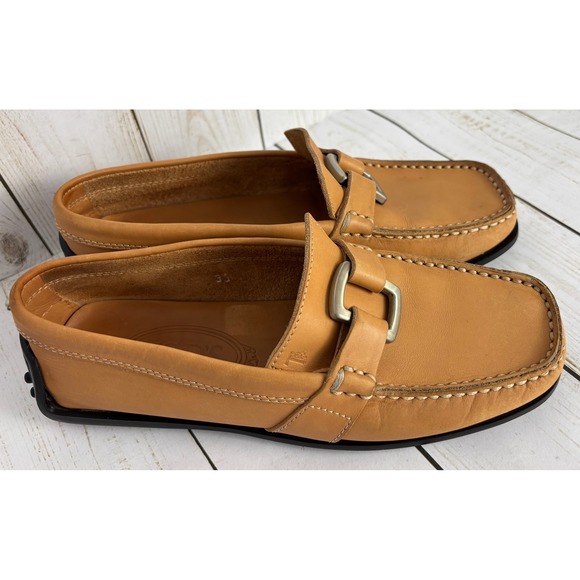 Tods Shoes - Tods Tan Nubuck Leather Gommino Driving Loafers Buckle Square Toe Italy Sz 35/5